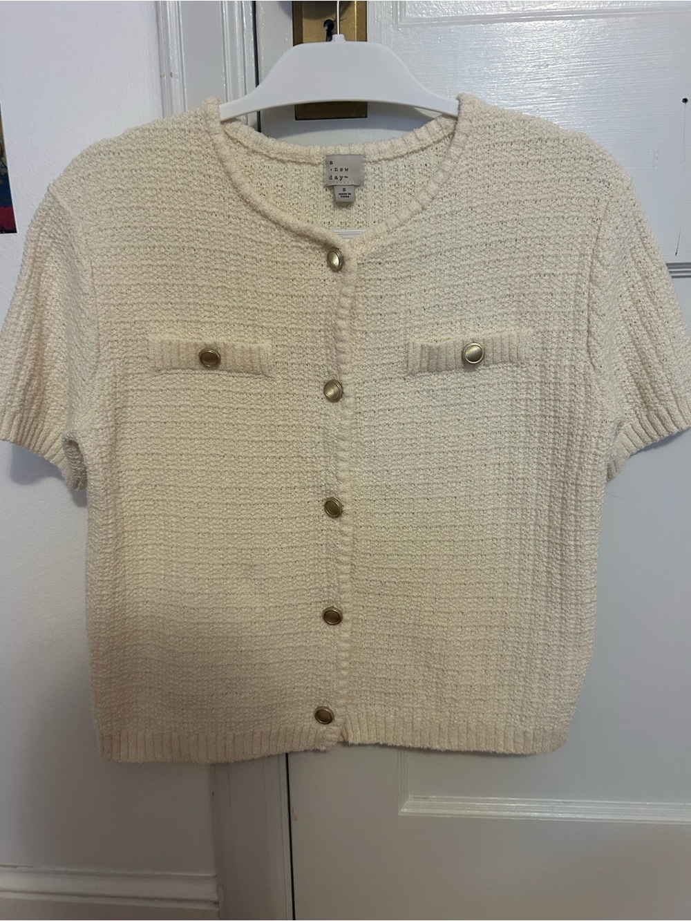 a new day Cream Short-Sleeve Textured Button Cardigan